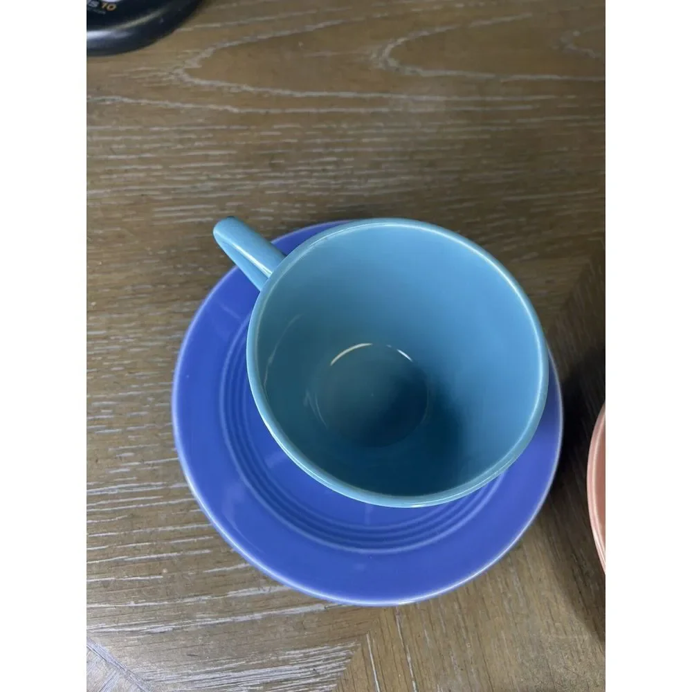 Homer Laughlin China - Harlequin 4 Cups 3‎ Saucers - Chartreuse Yellow Blue Rose